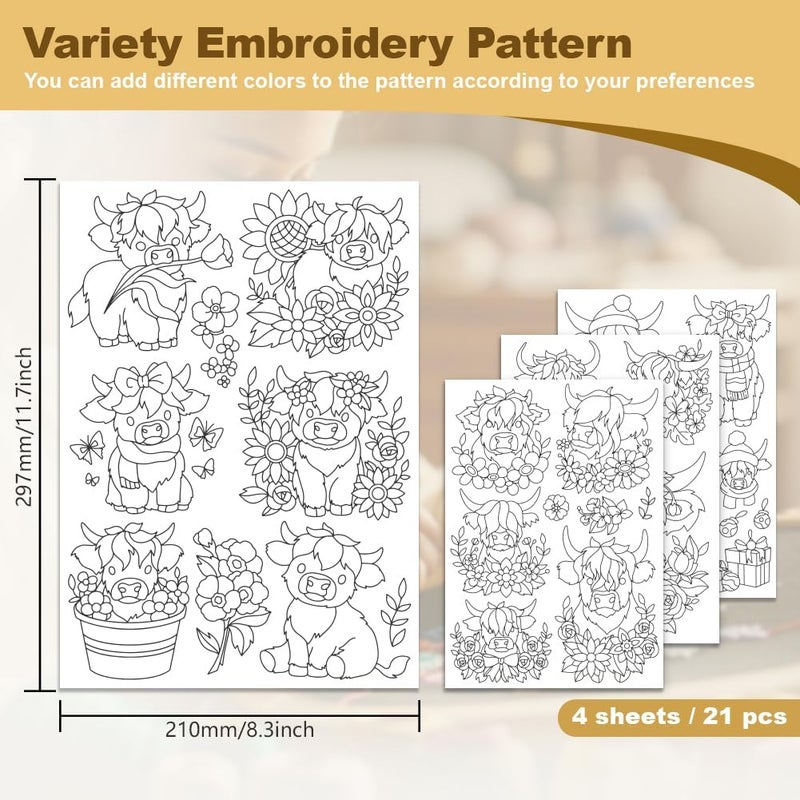 DOODLREAM 21Pcs Highland Cow Flower Water Soluble Hand Sewing Stabilizers, 8.3"x11.7" Cute Highland Cow Embroidery Pattern Stabilizer, 4 Sheets Floral Cows Stick and Stitch Embroidery Paper Sticker - Image 2